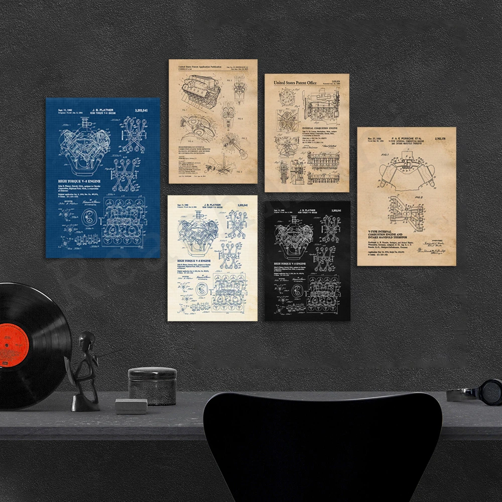 

Sports car engine patent poster print, wall art deco gift for home office men cave garage student gift
