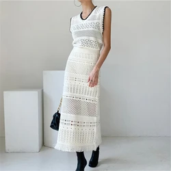 REALEFT Summer Vintage 2 Pieces Lace Crochet Women's Skirts Suits V-Neck Hollow Out Tops and Tassel Skirts Sets Outfits 2024 New