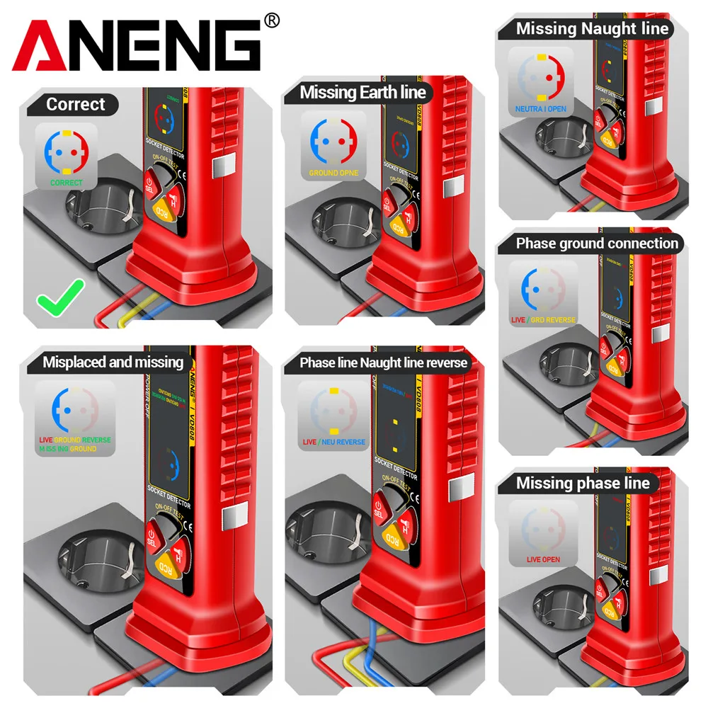 ANENG VD808 Presa Misuratore di fase Test di perdite Spina USA/UE Polarità di potenza Tester di tensione Penna Interruttore automatico Analizzatore Strumenti