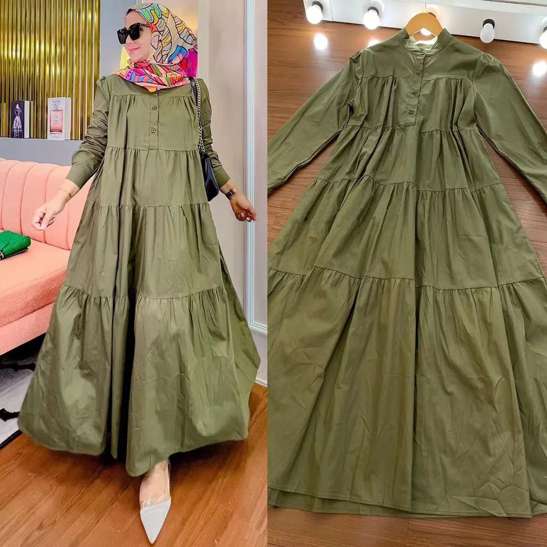 Women's Autumn Sundress Fashoin Muslim Ruffle Dress Casual Patchwork Puff Sleeve Maxi Vestidos Female Robe