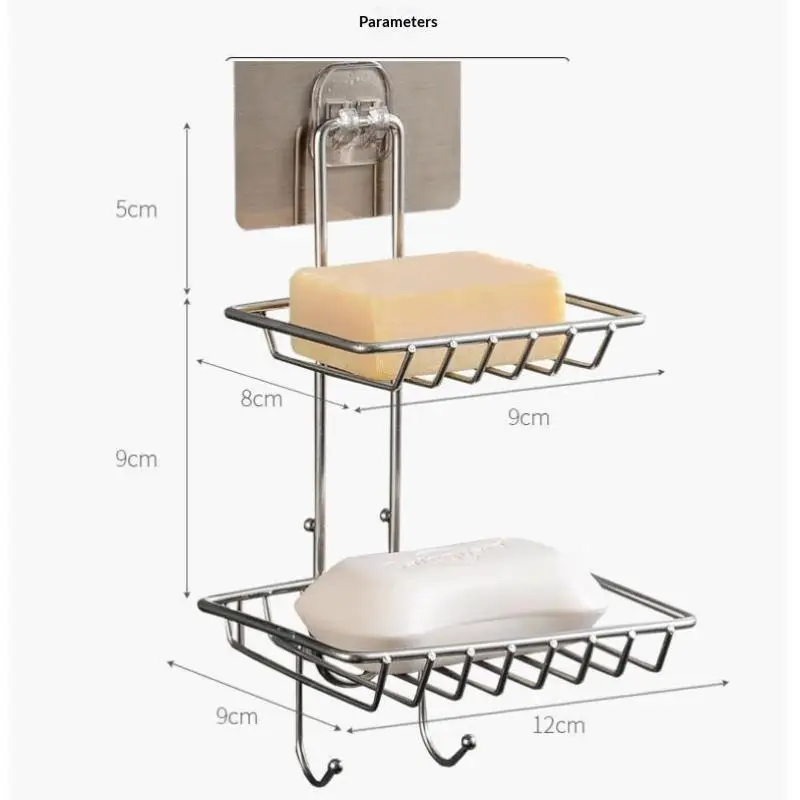 Stainless Steel Double Tier Draining Soap Dish Holder No Drill Wall Mounted Soap Rack Bathroom Kitchen Shower Storage Organizer view 4