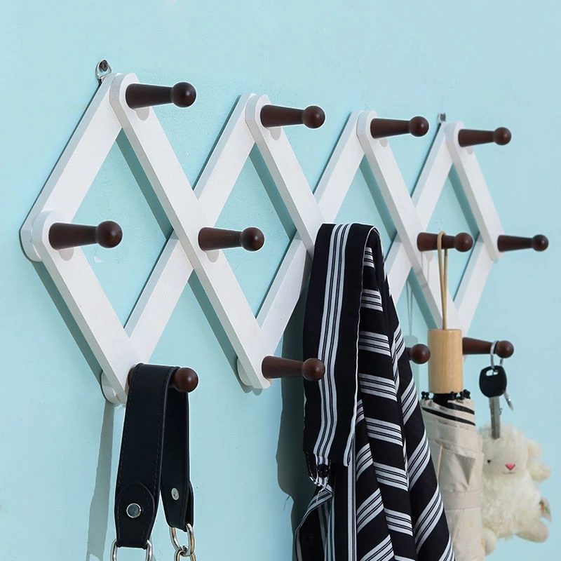 Coat Rack Wall Mount Accordion Wall Hanger - Durable Pine Wood Coat Rack Wall Mounted Expandable With Metal Hooks Easy Install