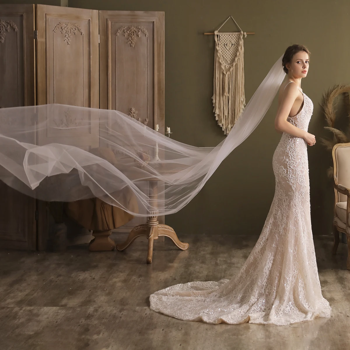 V828 Simple Style One Layer Soft Tulle Bridal Veils Accessories Cut edge Cathedral Long Wedding Veil