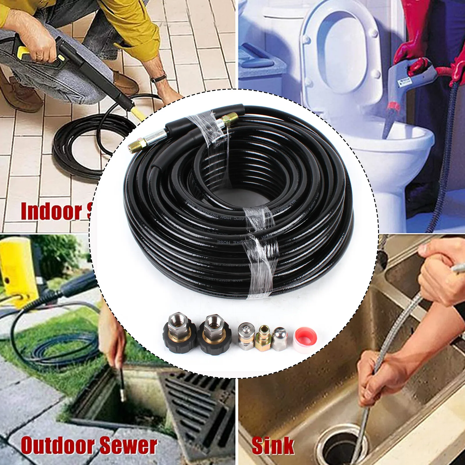 Sewer Jet Hose 100ft 1/4'' Npt Sewer Jetter Kit for Pressure Washer 5800 Psi
