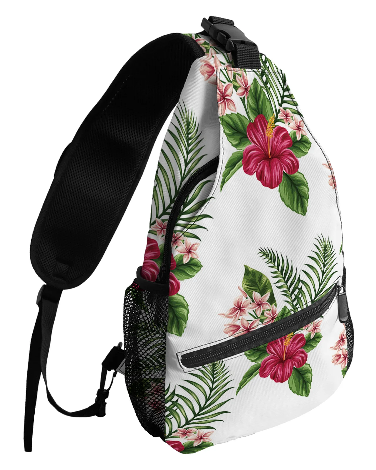 Bolsa de ombro impermeável para homens e mulheres, folhas de plantas tropicais flor de hibisco, bolsa de peito branco, esportes casuais, viagem, bolsa mensageiro