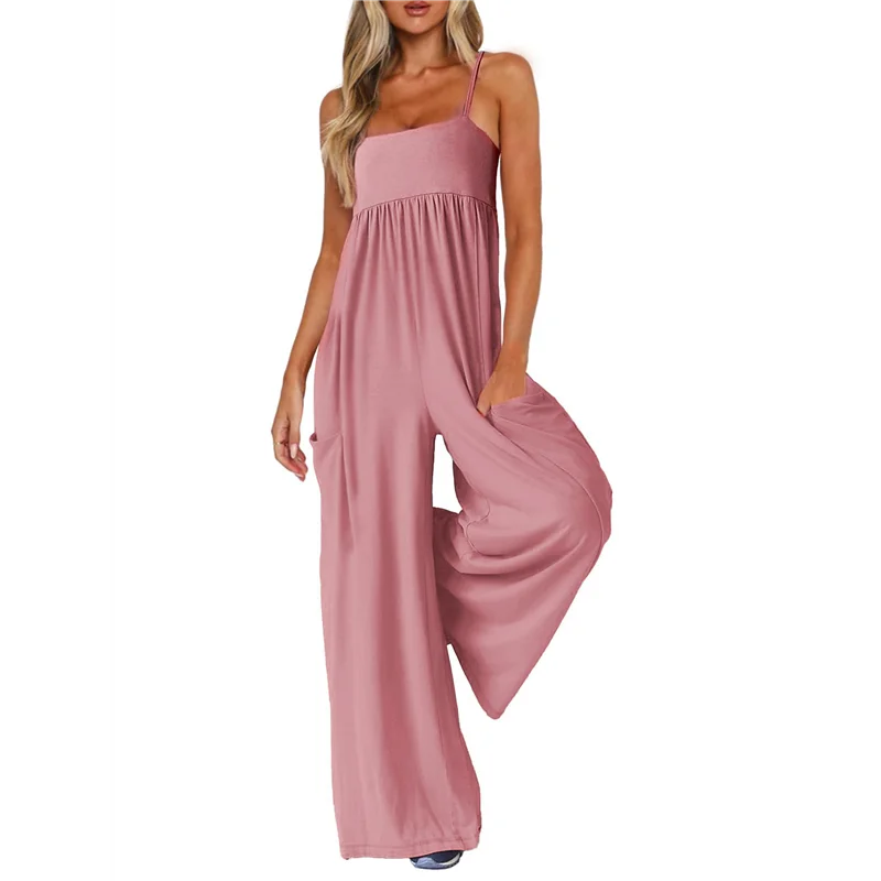 

A09P Jumpsuits For Women Spaghetti Strap Wide Leg Overalls Summer Rompers With Pockets