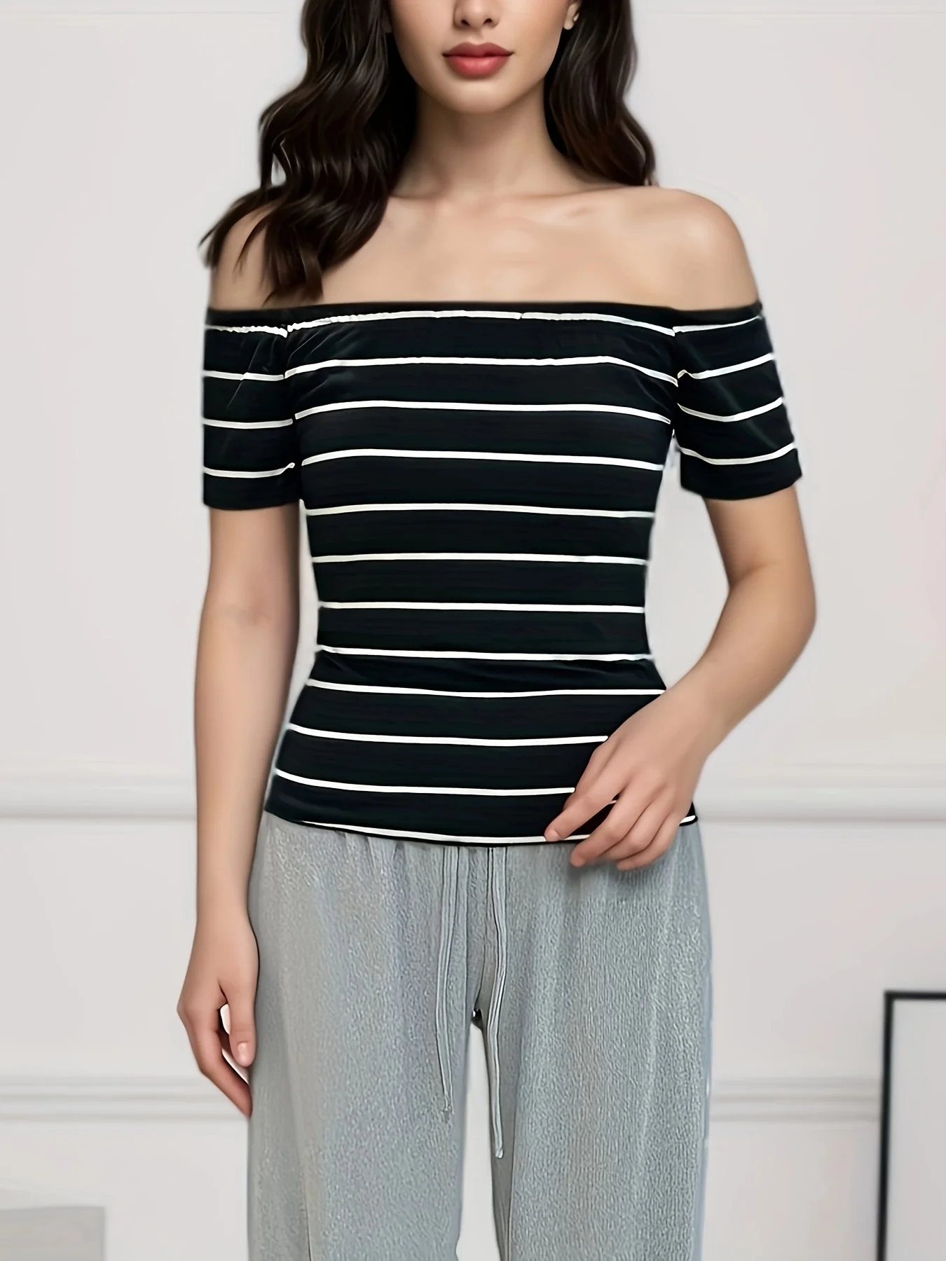 

Women's Black Base White Striped Off-Shoulder Top lace ruffle Elastic Comfortable Slim Fit Versatile Basic One-Size-Friendly