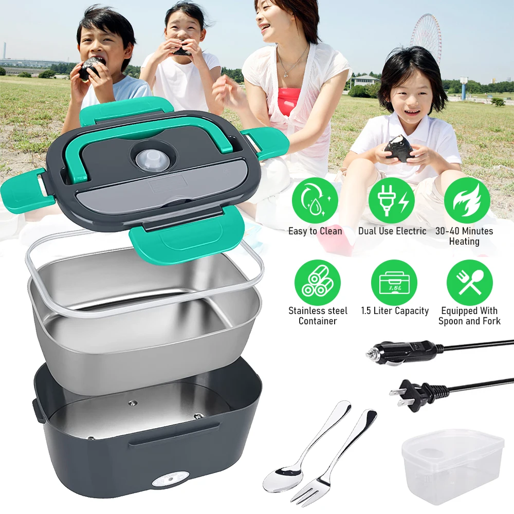 

2-In-1 Electric Heating Lunch Box Car Home 1.5L 12V 220/110V Portable Stainless Steel Liner Bento Lunchbox Food Warmer Container