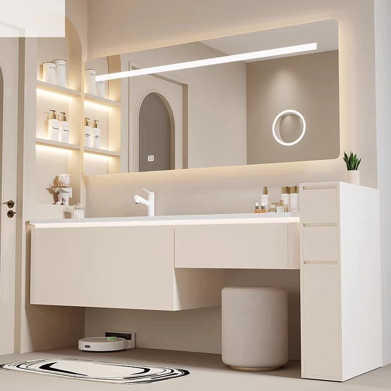 

Cream wind integrated basin dresser cabinet rock slab seamless integrated basin bathroom bathroom cabinet combination