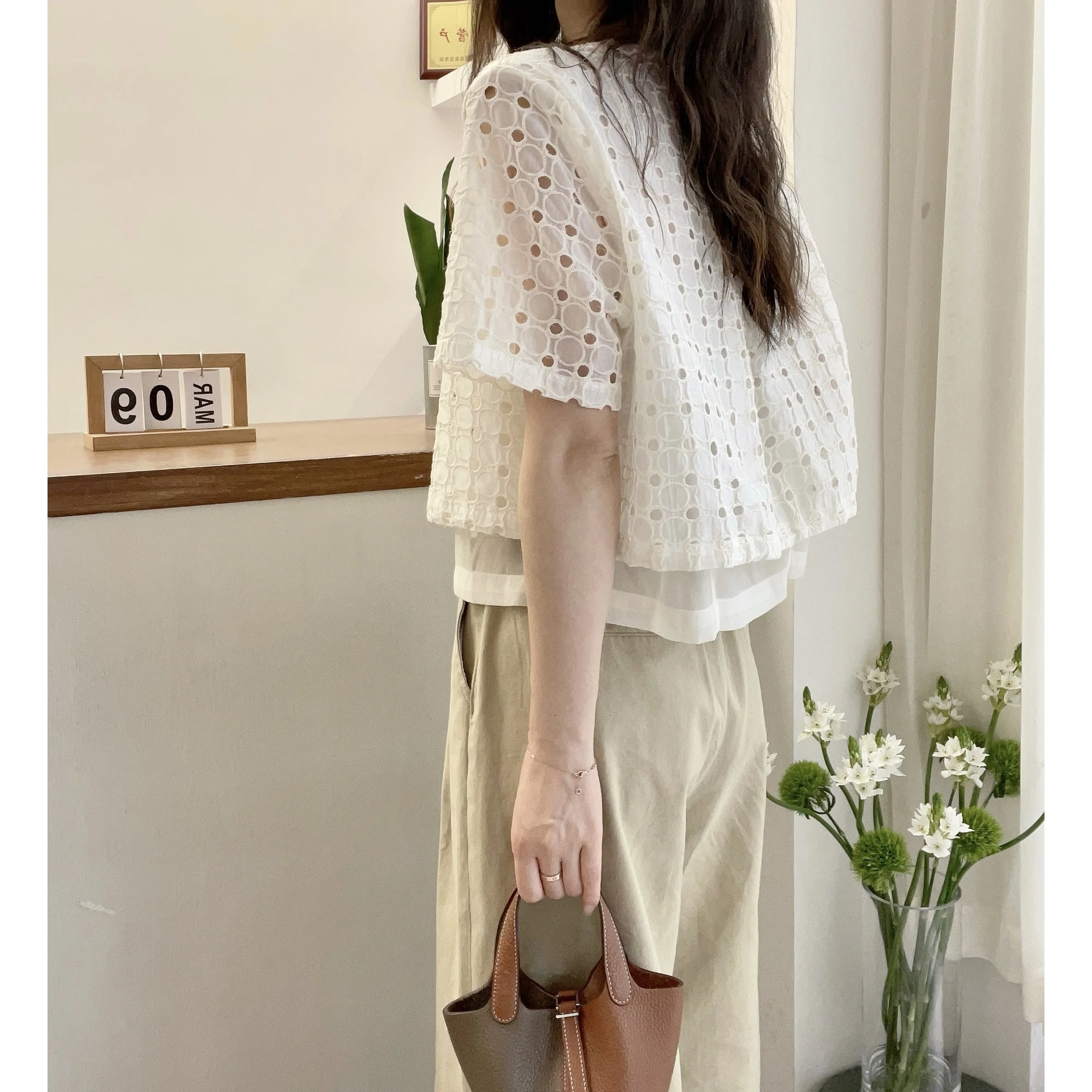 Kurzarmhemden Damen Baumwolle Patchwork Pintuck Slim Fit Bluse Vintage Minimalistisch Preppy Girlish Student Jugendlicher Retro