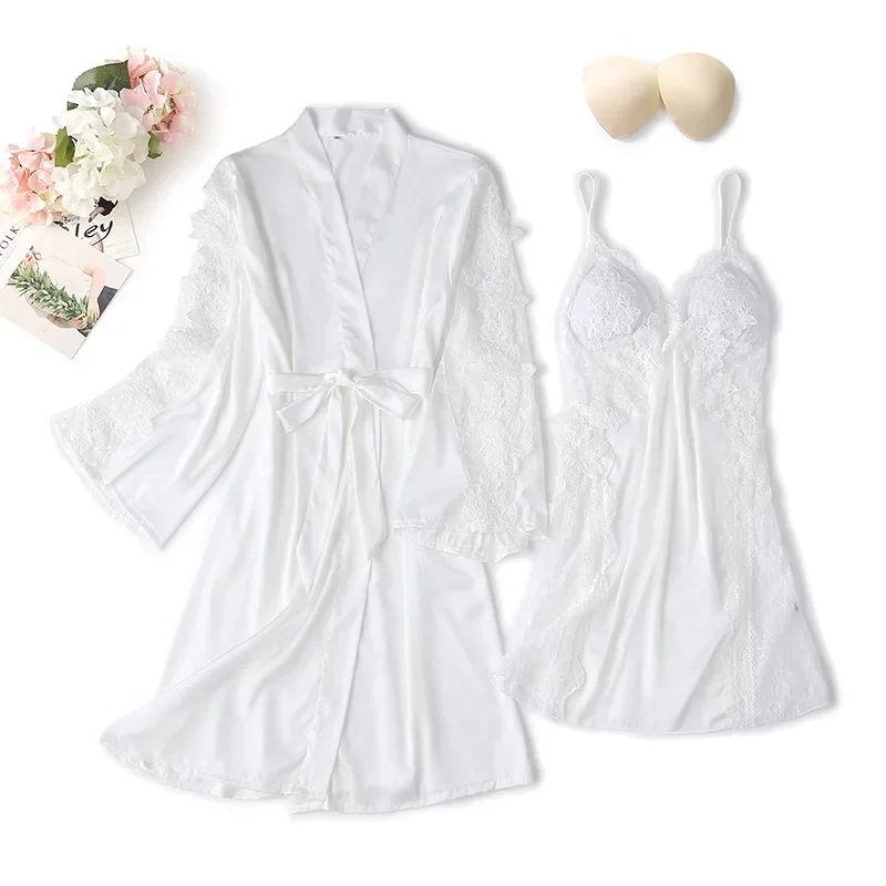 2PCS Lace Flower Robe Gown Set Sexy Women Satin Nighty Bathrobe Strap Nightgown Sleep Suit Summer Bride Wedding Kimono Sleepwear