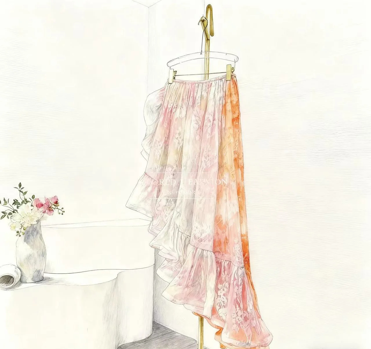 

2025 New Fashion Orange Pink Lace Patchwork Ruffles Pleat Irregular Hem Midi Skirt