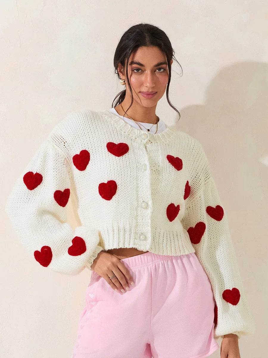 Cute Sweet Hearts/Flowers Decors Sweater Cardigans Women Lantern Long Sleeve O Neck Buttons Cropped Knit Outwear