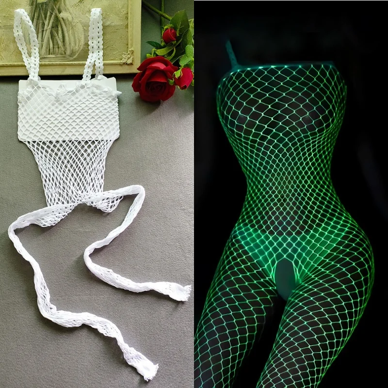 Luminous Fishnet Plus Size Stockings Women Elastic Mesh Open Crotch Tights Party Club Body Pantyhose Fishnet Crotchless Lingerie