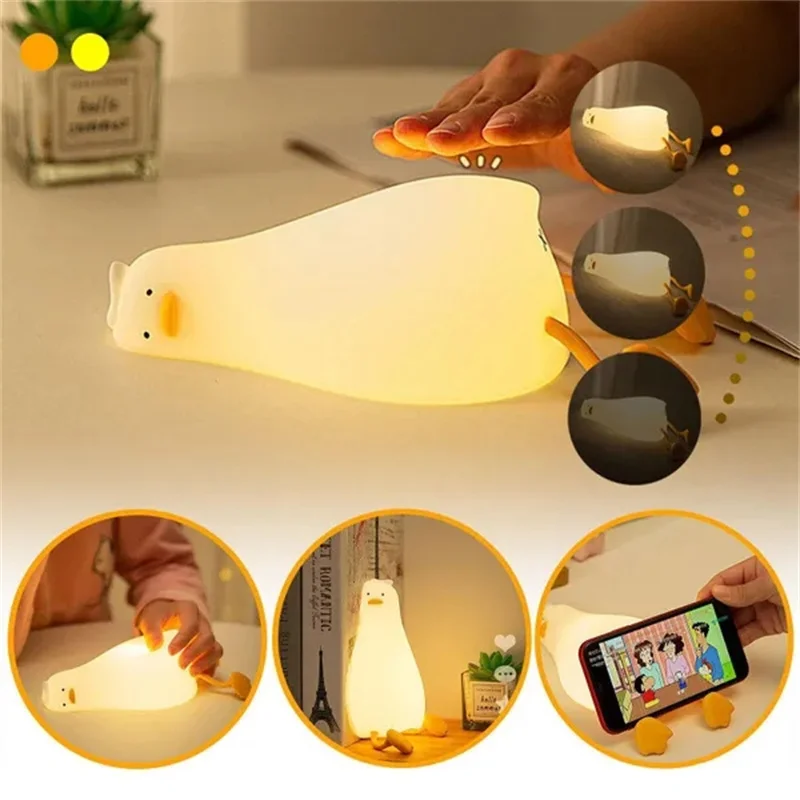 Liggend Plat Eend Nachtlampje Led Eend Lamp Schattige Verlichting Eend Siliconen Dimbare Kinderkamer Nachtlampje, Oplaadbare Bed Touch