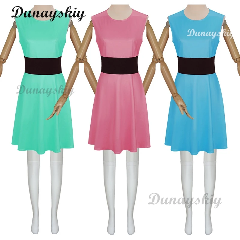Powerpuff cosplay meninas traje peruca flor buttercup bolhas traje rosa verde azul vestido feminino cinto conjunto vestido de halloween