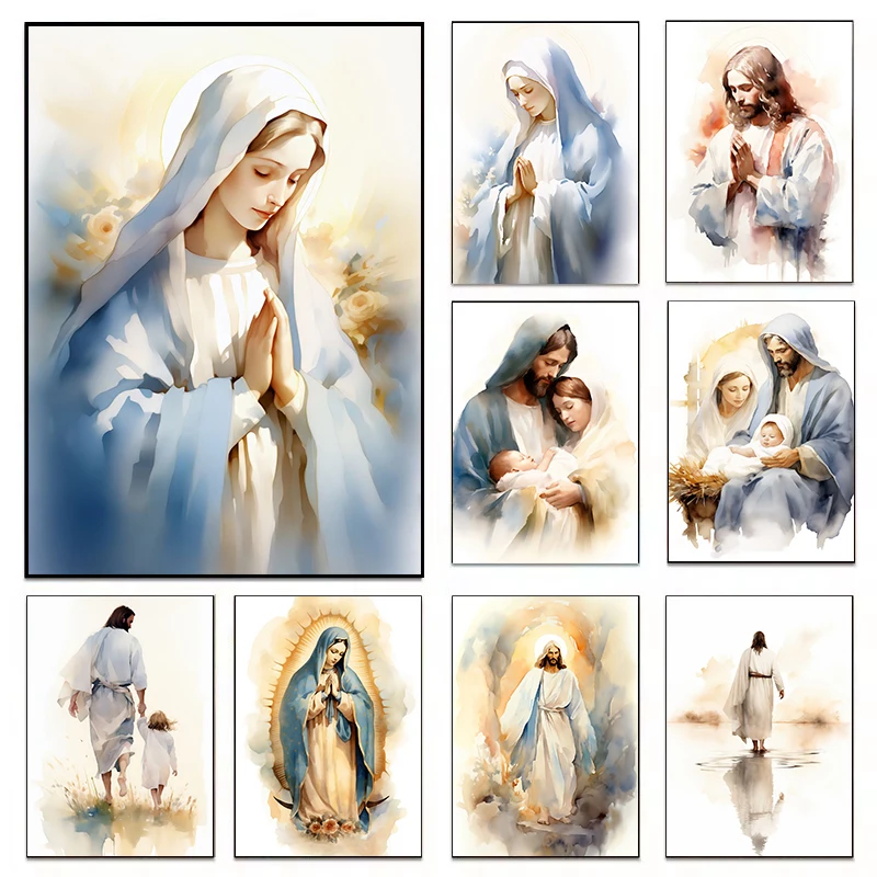 Virgin Mary and Child Jesus Catholic Watercolor prayer Poster Print Wall Art Pictures Canvas Painting Living Room Home Decor