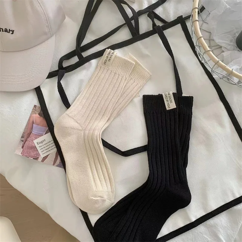 White Stockings Black Cotton Socks Solid Color Couple Socks Unisex High Elasticity Soft Skin-Friendly Socks Leisure All-Match