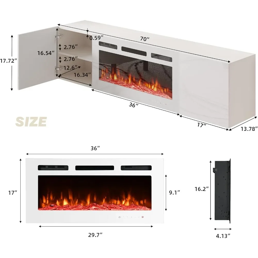 70'' Floating TV Stand with 36'' Electric Fireplace, High Gloss Finish Entertainment Center with 12Flame Fireplace Insert Heater image 5