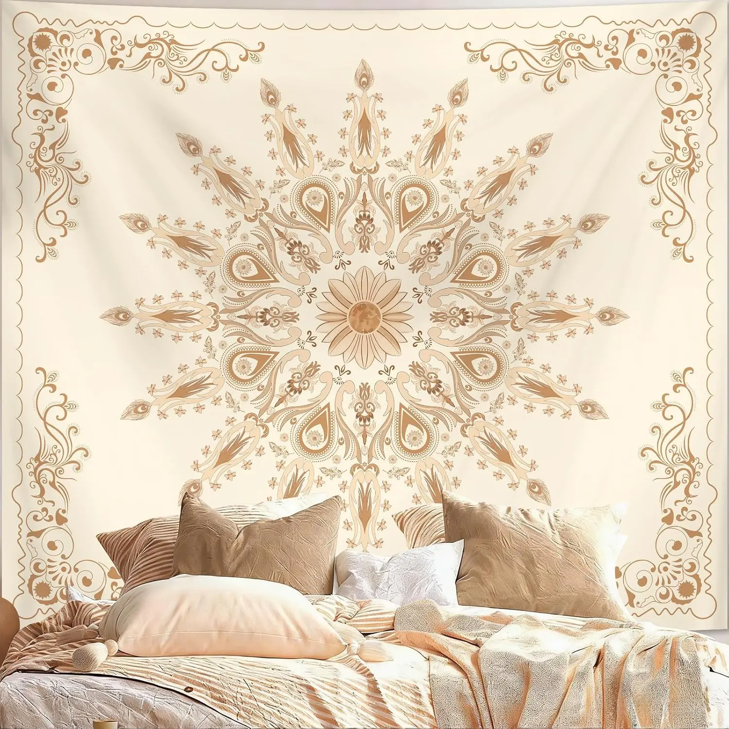 Large Bohemian Moroccan Mandala Tapestry Wall Hanging Boho Bedroom Decor Golden Beige Polyester Art Print Fabric Wall Decoration
