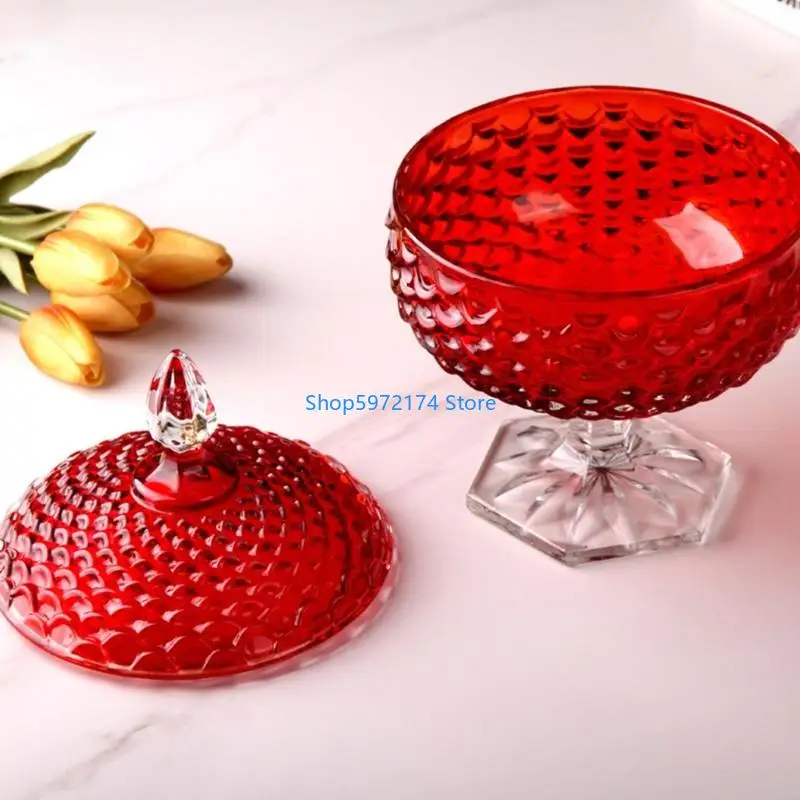 Y3NB Embossed Red Thickened Glass Crystal Candy Jar with Lid for Snacks Storage Home Decors Trinket Jewelry Organizers Box