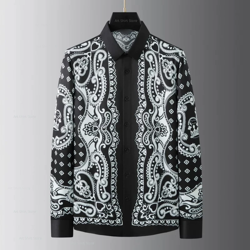 European and American new fashionable men's luxury fashionable personalized printed slim long-sleeved shirt