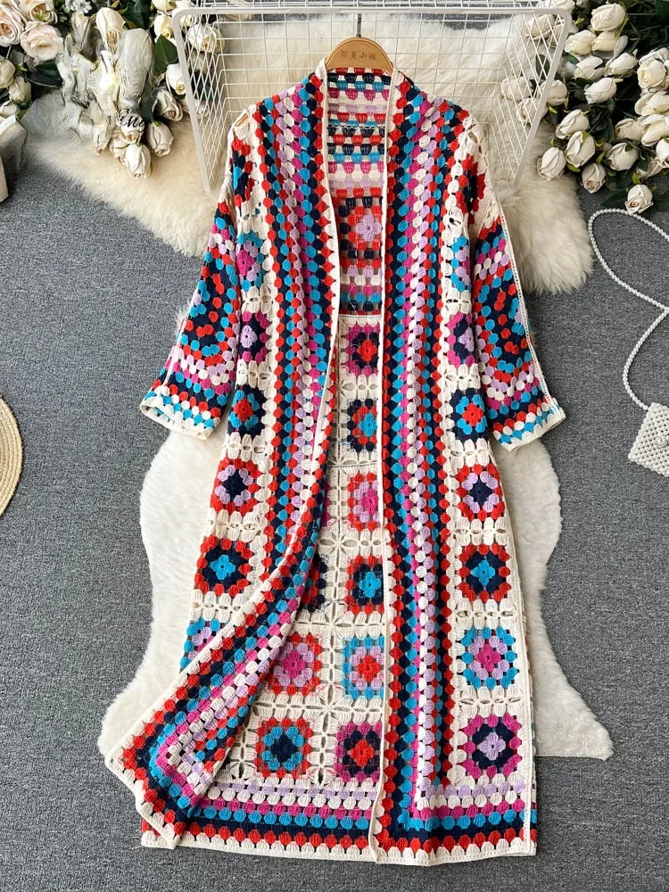 

Summer Holiday Beach Long Cardigans Spring Fashion Vintage Floral Knit Cardigan Streetwear Loose Hollow Out Overcoat ZT219