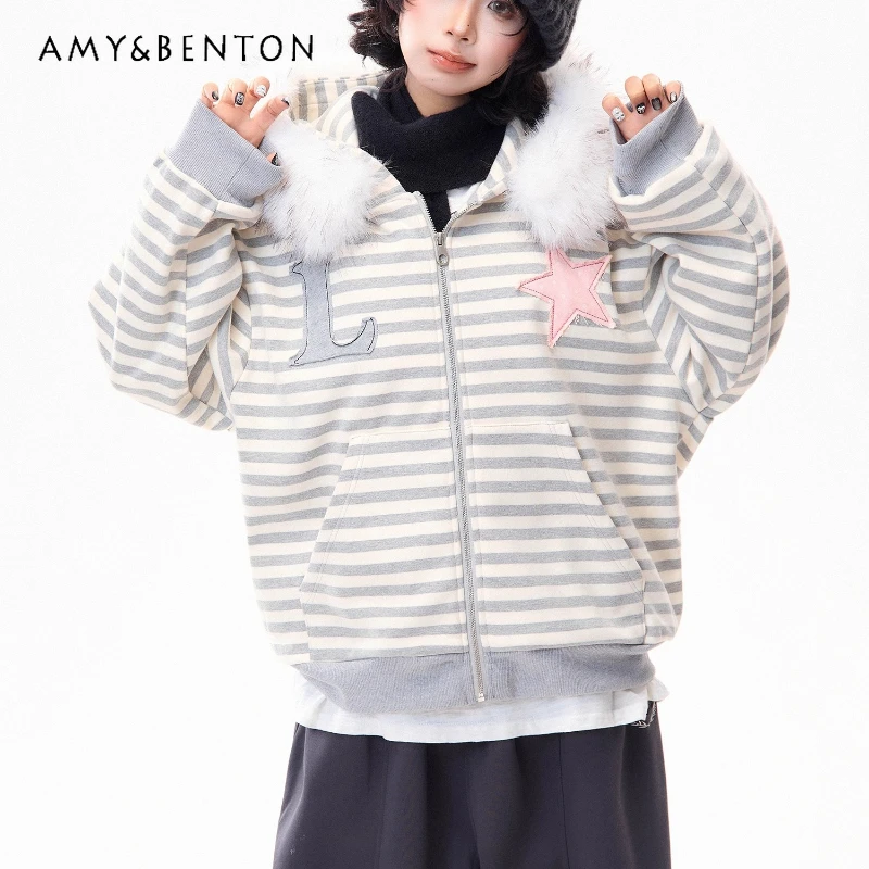

American Retro Design Striped Star Paste Fleece-Lined Women's Sweatshirt Autumn Winter New Loose Versatile Hooded Jacket Ladies