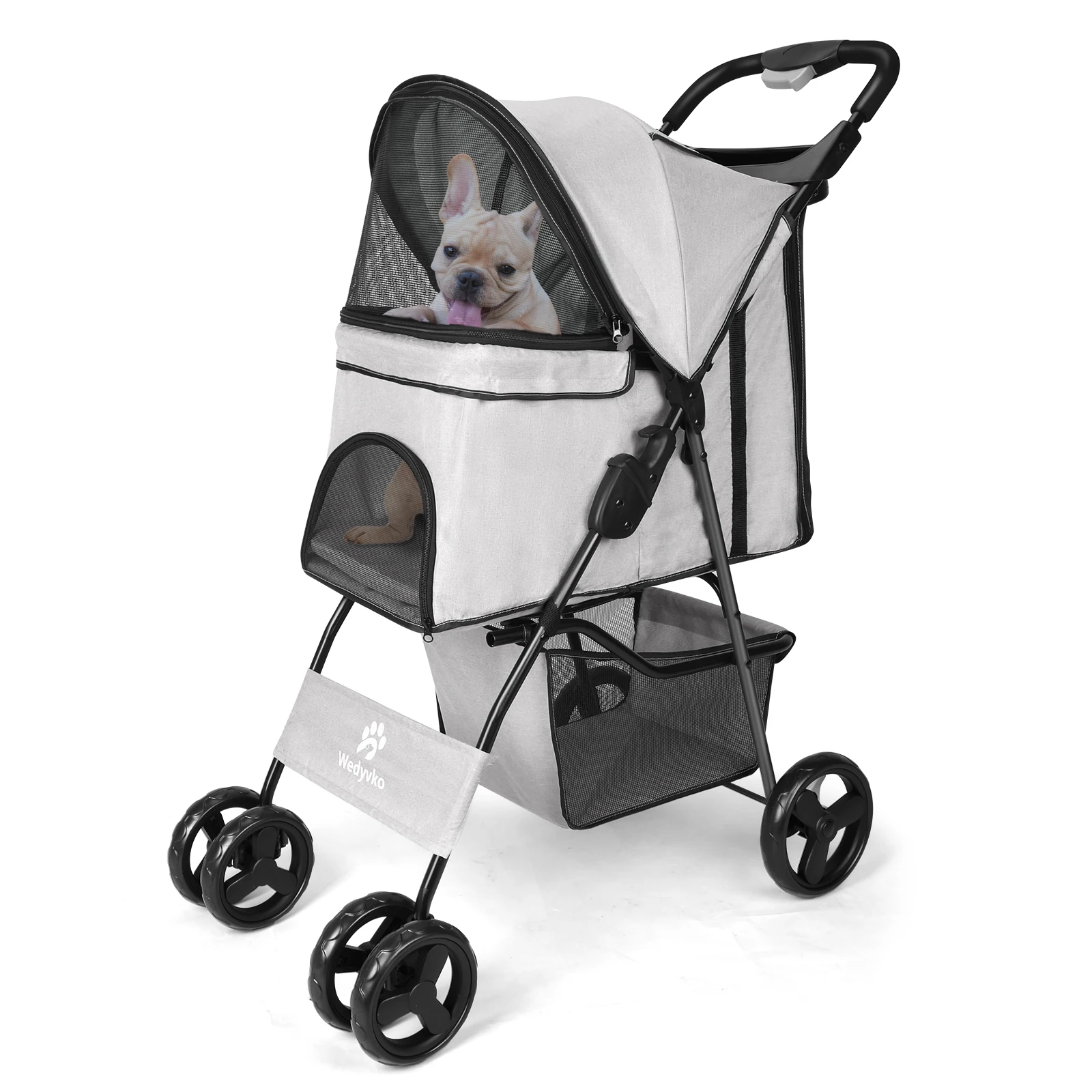 Hundekinderwagen 4 Wheel Foldable Cat Dog Stroller with Storage Basket, Handle 360° Pet Dog Stroller