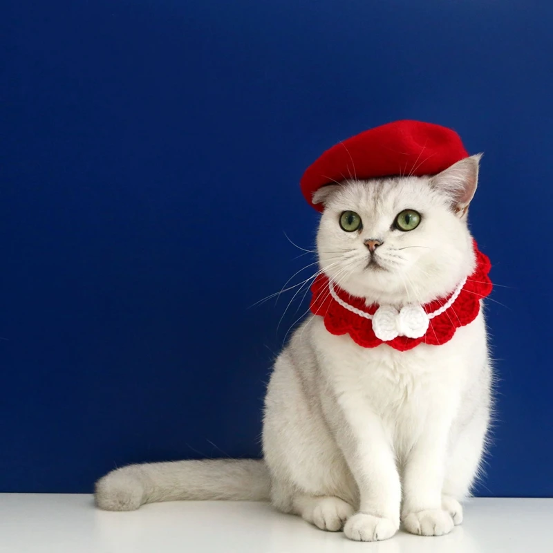 Pet Cat Hat Headgear Fine Workmanship Cashmere Elegant Soft Beret Bow Tie Collar Decoration Dogs Cap Beret For Decor New Year