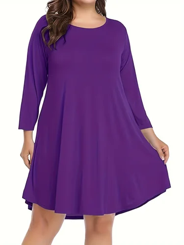 Imagen 1 del producto Vestido de talla grande para mujer, suelto, informal, con cuello redondo, manga larga, color sólido, uso individual o interior, tanto en casa como para salir