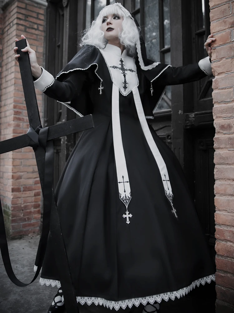 

Original Lolita Halloween Nun Daily Gothic Dark Maid Dress Oplolita Dress Long Sleeved Cross Witch Costume