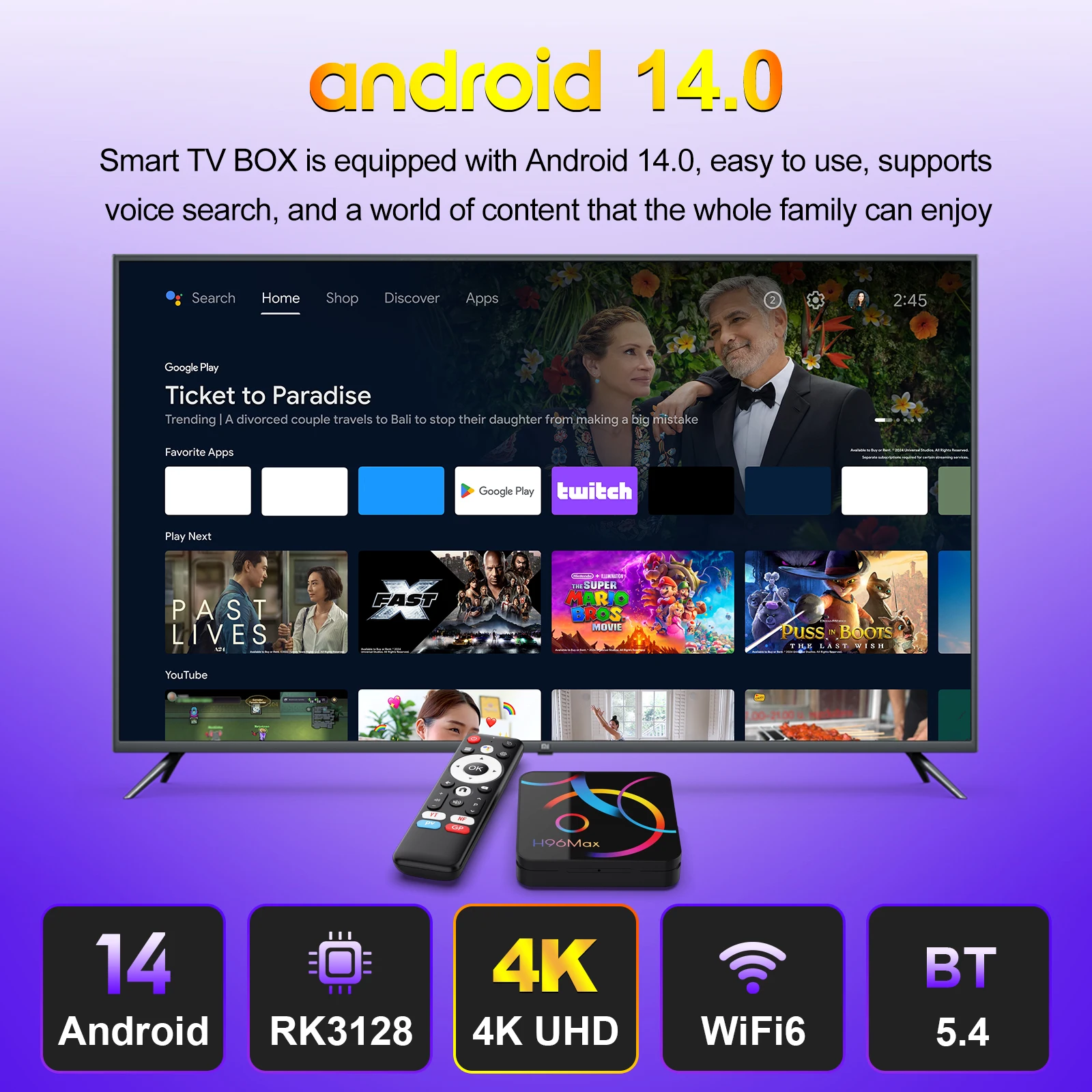 H96 MAX RK3518 صندوق التلفزيون الذكي Android14.0 TV BOX Geometric Wifi6 BT5.4 4K HD إيثرنت جوجل صوت مساعد مشغل الوسائط Tvbox