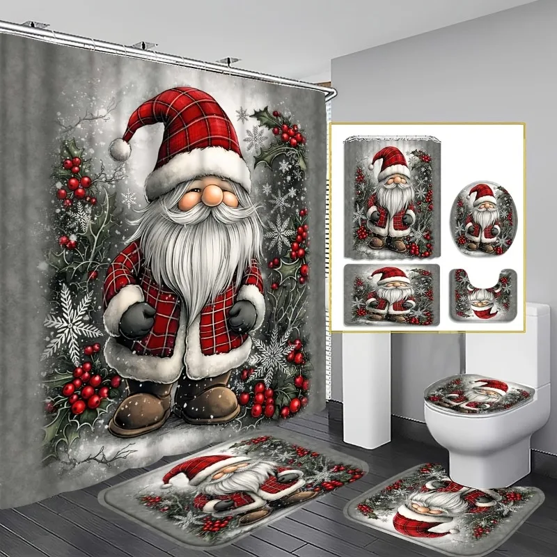 4pc 2D Flat Christmas Gnome Shower Curtain Set, Red Plaid Gnomes Ivy Berry Snowflake Print, 3Pcs Matching Mats, Bathroom Decor