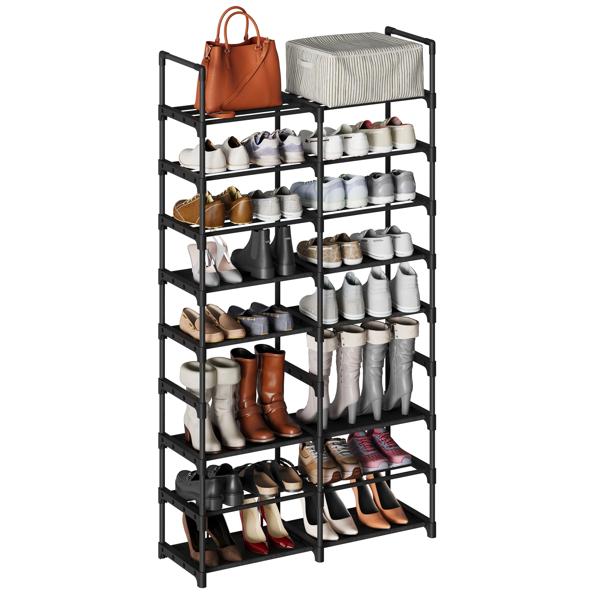 8-Tier Tall Shoe Rack Organizer for Entryway, Metal Shoe Storage Shelf with Side Handles, Removable Non-Woven Fabric Shelves for Boots Sneakers, Hallway Closet Shoe Holder