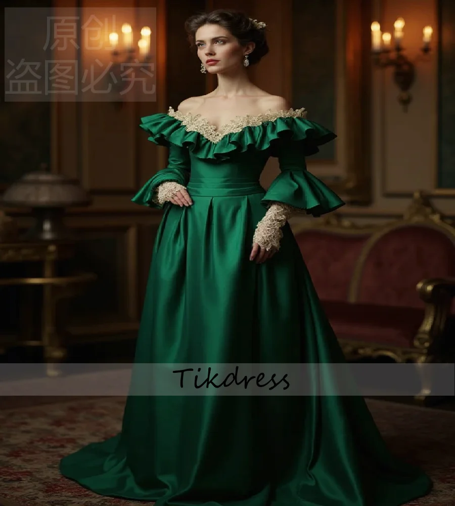 

Victorian Green 1860s Evening Dress Costume Reenactment Medieval Prom Dress 2026 Long Sleeve Satin Marie AntoinetteCustomized