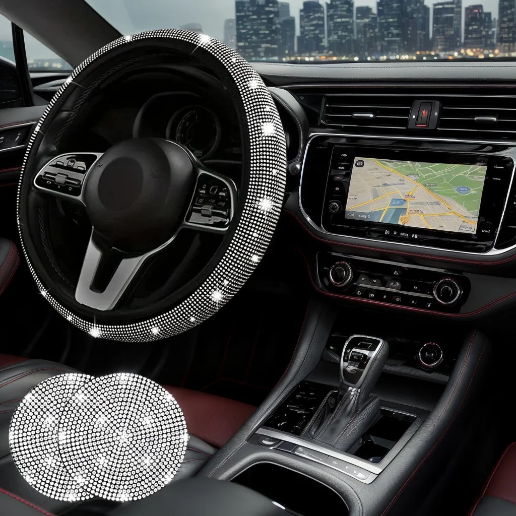 

7-Piece Bling Car Accessory Kit - Diamond Steering Wheel Cover & Stylish Auto Decorations