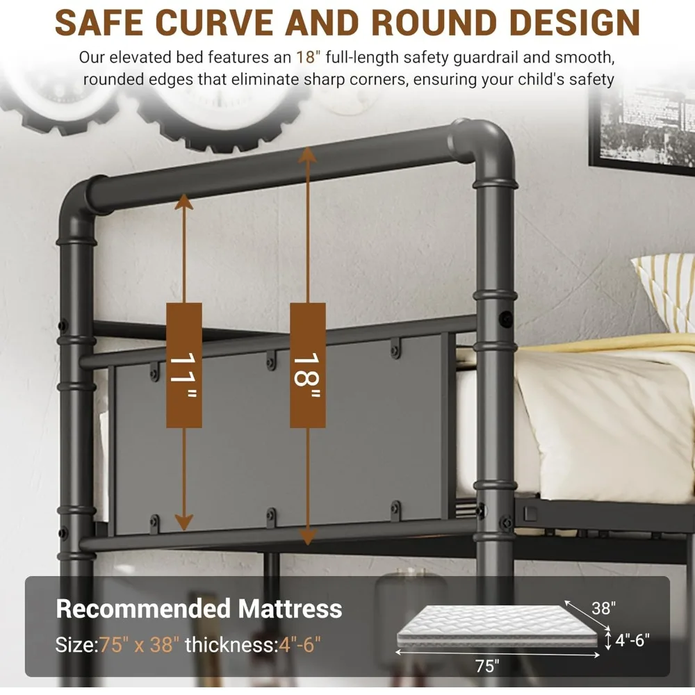 سرير علوي بطابقين من Garveehome مع مكتب على شكل حرف L، سرير علوي مزدوج مع مكتب أسفل، أسرة معدنية بطابقين مع درابزين عالي وسلم fo #5