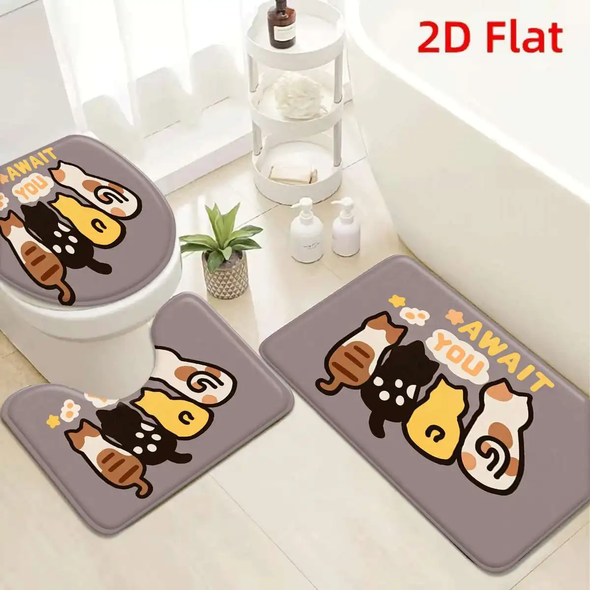 

3Pcs Gray Cat Stack "AWAIT YOU" Bath Mat Non Slip Absorbent Toilet Rug with Lid Cover for Bathroom Washable Flannel Base