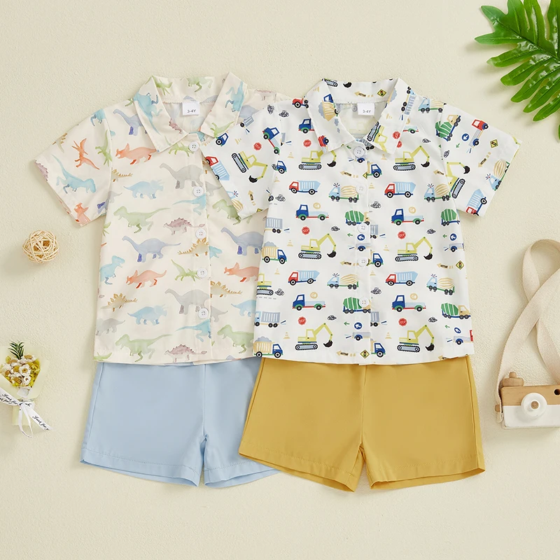 Toddler Kid Boy Clothing Set Construction Truck/Dinosaur Short Sleeve Button-up Shirt Solid Shorts 2 Piece Summer Outfit