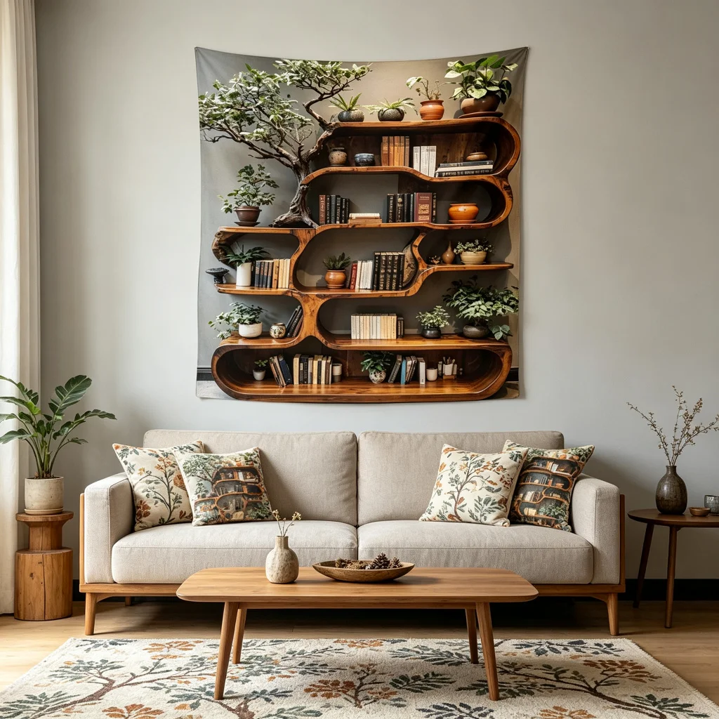 1PC Tree Bookshelf Plant Art Print Backdrop Banner, Bedroom Living Room Photo Background, Polyester, Home Decor, Wall Art