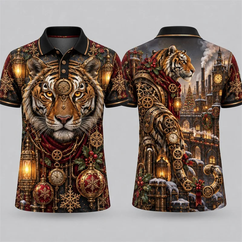 Men Christmas Steampunk Tiger Polo Shirt Gear Clock Vintage Town Snowflake Print Short Sleeve xmas polo Tops For Male