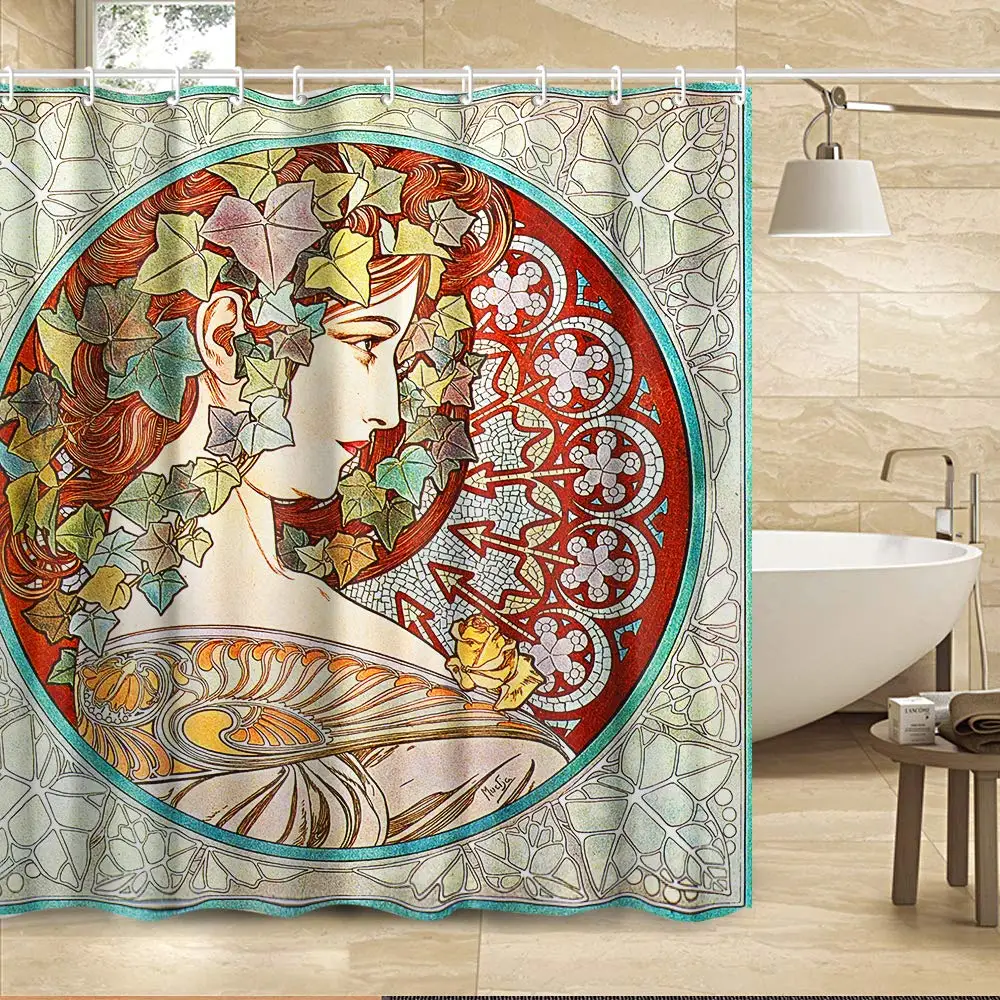 Art Nouveau Lady Shower Curtain,Aesthetic Art Times of The Day, Night\'s Rest,Evening Reverie,Daybreak,Morning Awakening Bath Set