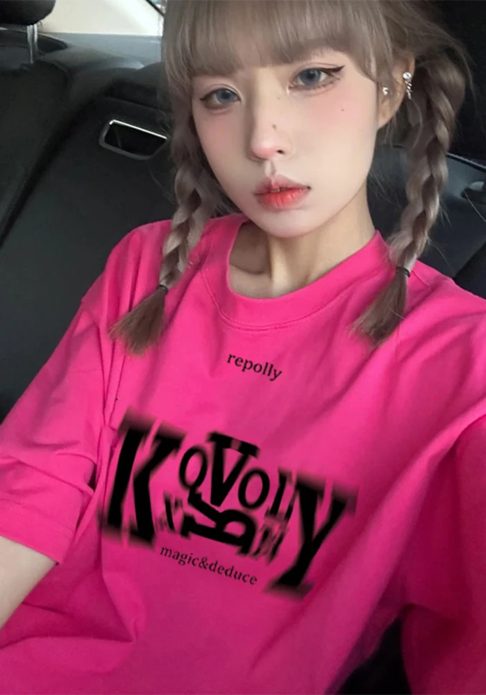 

Dragon Fruit Colored Y2K ort Sve Women's T-irt Summer Friend Matching Sweet Sle Loose Fit Cotton round Ne Print