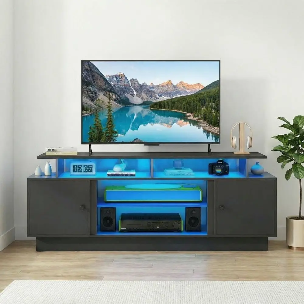 

80 Inch TV Entertainment Center with LED Lights and Adjustable Storage Cabinet for Living Room (Black)