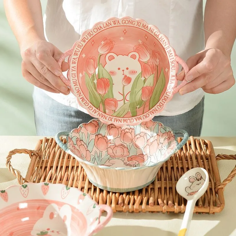

Japanese household double ear bowl ceramic soup bowl with handle salad spaghetti bowl cartoon dessert cute rice bowl