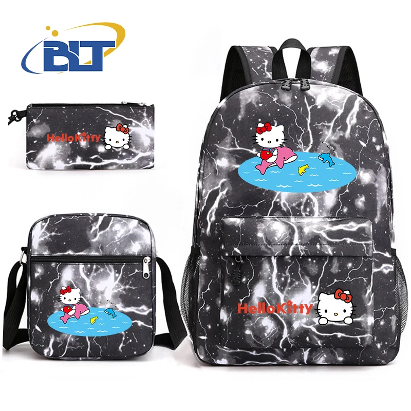 Conjunto de bolso escolar para estudiantes con estampado de MINISO HeIIoKitty, bolso de lápices para niños, mochila, bolso de hombro, conjunto de tres piezas