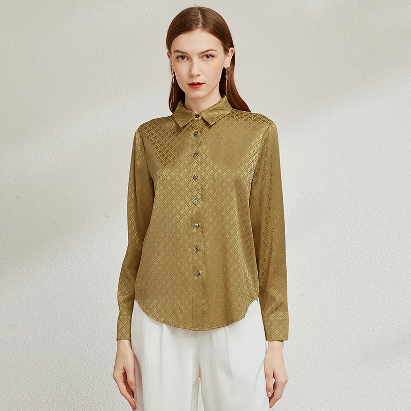 Mulberry Silk Shirt for Women, Elegant OL Jacquard Plaid Shirt, Turn-down Collar, Single Breasted Tops, 100% Mulberry Silk