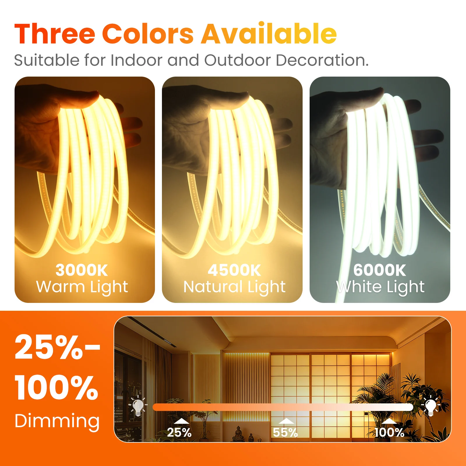 Dimmable 110V 220V COB LED Strip 4 Keys Dimmer EU/US/UK/AU Power Kit Warm Natural White Waterproof 288LEDs/m Flexible Tape Lamp