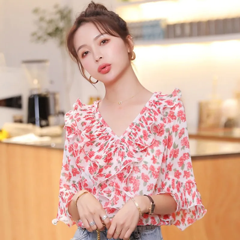 Women Summer Korean Fashion Slim Printing V-neck Short Sleeve Chiffon Shirts Ladies Office Lady All-match Appear Thin Trend Tops